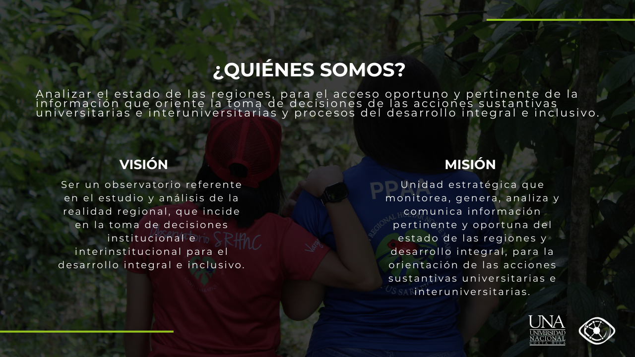 ¿QUIÉNES SOMOS?
Analizar el estado de las regiones, para el acceso oportuno y pertinente de la información que oriente la toma de decisiones de las acciones sustantivas universitarias e interuniversitarias y procesos del desarrollo integral e inclusivo.
VISIÓN
Ser un observatorio referente en el estudio y análisis de la realidad regional, que incide en la toma de decisiones institucional e SRHNC interinstitucional para el desarrollo integral e inclusivo.
MISIÓN
DD Unidad estratégica que monitorea, genera, analiza y REGIONALH comunica información pertinente y oportuna del estado de las regiones y desarrollo integral, para la orientación de las acciones sustantivas universitarias e SSARinteruniversitarias.